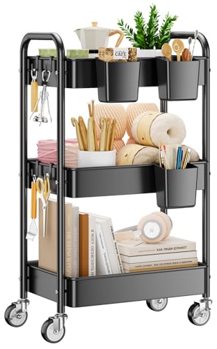 YASONIC 3 Tier Rolling Cart, Heavy Duty Metal Utility Cart with Wheel Black | Sturdy Rolling Storage Cart With Hooks & Hanging Cups, Great For Craft, Art Workspace, Kitchen ,Snack And Office Storage - color: Black