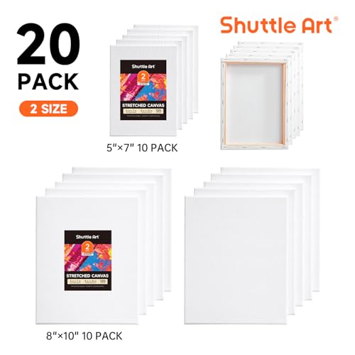 Shuttle Art Canvas for Painting, 20-Piece Multi-Pack 5x7 & 8x10 Inch Stretched Canvas, 100% Cotton, Primed White Blank Canvases, Ideal Art Supplies for Kids Acrylic Oil Acrylic Pouring - size: 20 Multi Pack-5x7", 8x10"