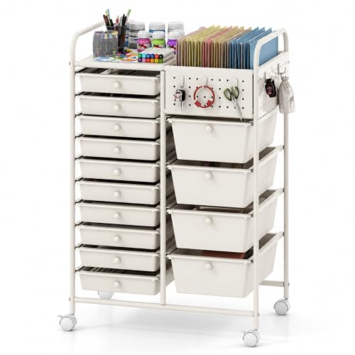 Giantex 14 Drawer Storage Cart, Rolling Craft Cart with Metal Tabletop & Pegboard, Mobile Utility Organizer Trolley with Locking Wheels, Home Office, Ivory - color: Ivory, size: 14 Drawer-25"x14.5"x34.5"