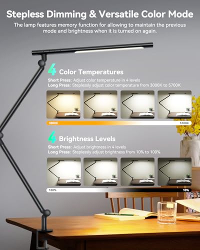 LED Desk Lamp with Clamp, 18W Architect Desk Lamp with Dual Light, Flexible 3 Sections Swing Arm, with RGB Light, with Remote, with Sensor Switch, Stepless Dimming, 4 Color Mode & 5 Brightness - color: RGB Dual Lamp