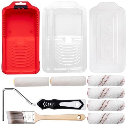 Mister Rui 4 Inch Mini Paint Roller Kit 12-Pc with Tray, Liners & Brush | Microfiber Sleeves for Smooth Finish. Ideal for Walls, Cabinets, Trim, Furniture and DIY Projects