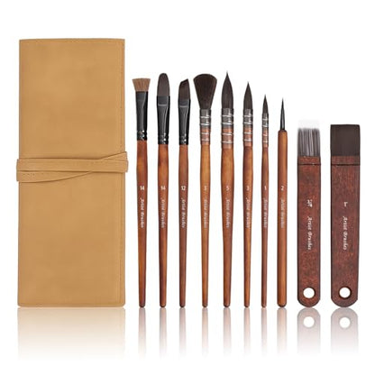 10 Pieces Paint Brush Set, Artist Series, Nylon Bristles with Round, Flat, Fan, Angle, Detail Brush, Suitable for Artists and Beginners for Acrylic Painting, Oil, Watercolor, Gouache(Brown)