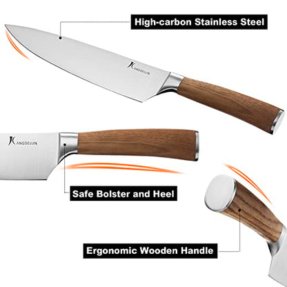 kangdelun Ultra Sharp 4-Piece Chef Knife Set, 50Cr15MoV High-Carbon Stainless Steel, Torrefied Brown Ash Wood Handles, Magnetic Gift Box