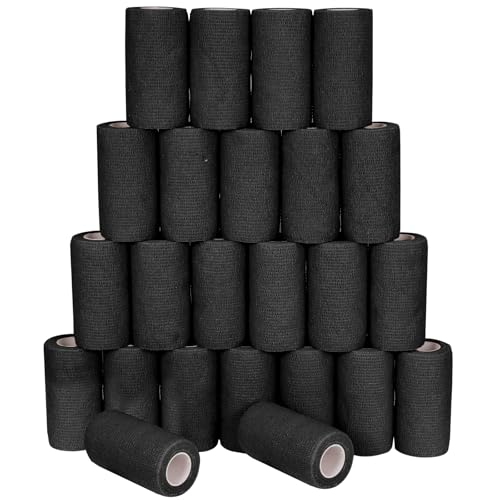 24 Pack Self Adhesive Bandage Wrap, 4” x 5 Yards Cohesive Medical Tape Elastic Grip Tape Black Sports Tape Athletic for Ankle, Wrist Sprains, Pet First Aid (Black, 4 Inch) - color: Black, size: 4 Inch