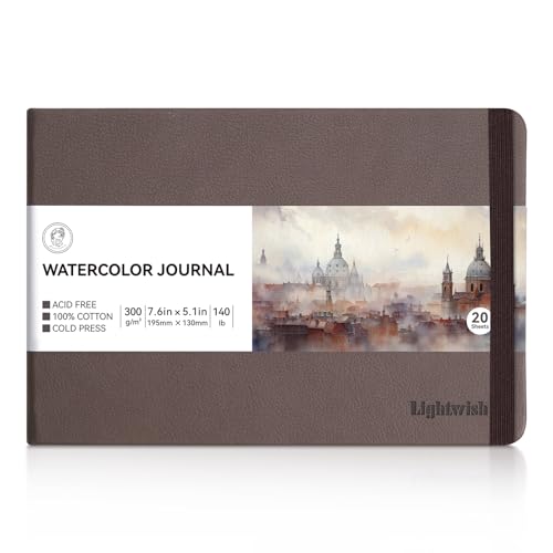 Lightwish Watercolor Journal, 100% Cotton Acid-Free Cold Press 300gsm/140lb | Hardcover Travel Sketchbook, Elastic Band Micro-Perforated 20 Sheets 7.6×5.1 Inch for Watercolor Gouache Acrylic Mixed Media - color: Brown, size: 7.6*5.1 Inches