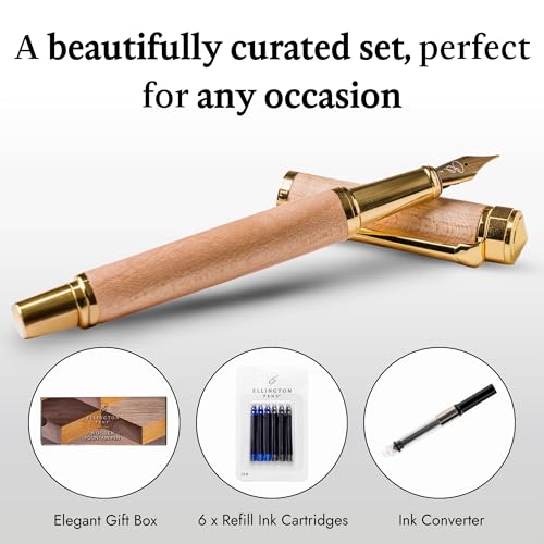Ellington Pens Luxury Wood Fountain Pen Set – Medium Nib - Includes 6 Ink Cartridges, Wooden Pen Gift Box, Ink Converter - Wood Pen For Writing, Calligraphy, Journaling, Drawing (Maple Harmony) - color: Maple Harmony, style: Medium