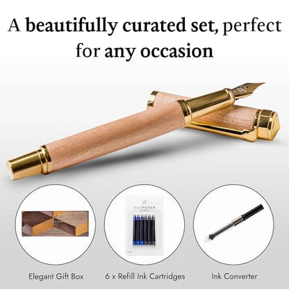 Ellington Pens Luxury Wood Fountain Pen Set – Medium Nib - Includes 6 Ink Cartridges, Wooden Pen Gift Box, Ink Converter - Wood Pen For Writing, Calligraphy, Journaling, Drawing (Maple Harmony) - color: Maple Harmony, style: Medium