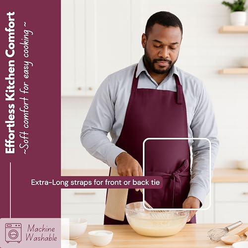 Native Fab Kitchen Apron 2 Pack - 100% Cotton Adjustable, Durable Apron with Pockets, Perfect for Cooking, Baking, Grilling - color: Burgundy Wine