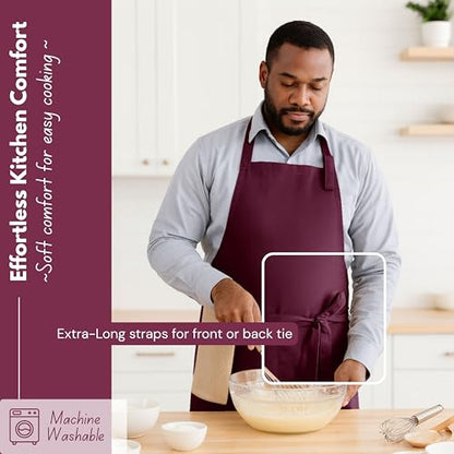 Native Fab Kitchen Apron 2 Pack - 100% Cotton Adjustable, Durable Apron with Pockets, Perfect for Cooking, Baking, Grilling - color: Burgundy Wine