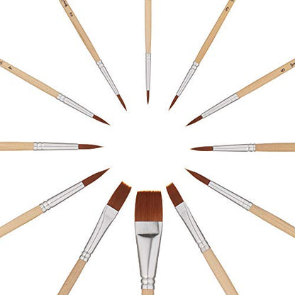 Jerry Q Art 12 PC Brown Synthetic Hair Round and Flat Paint Brush Set with Short Wood Handles for Acrylic, Watercolor and All Media JQ59831