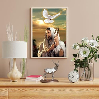 Ohhvvow Jesus Diamond Art Painting Kits for Adults, Full Drill Faith Diamond Dots Paintings for Beginners, Round 5D Peace Bird Paint with Diamonds Pictures, Dove Gem Art Painting DIY Crafts 12x16 Inch - color: Jesus A