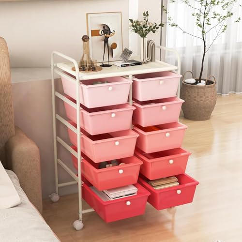 10 Drawer Rolling Cart, Storage Cart Organizer on Wheels, Drawer Cart with Metal Frame & Large Storage Capacity, Rolling Cart with Drawers for Living Room Classroom, Office - color: Gradient Pink, size: 10 Drawer