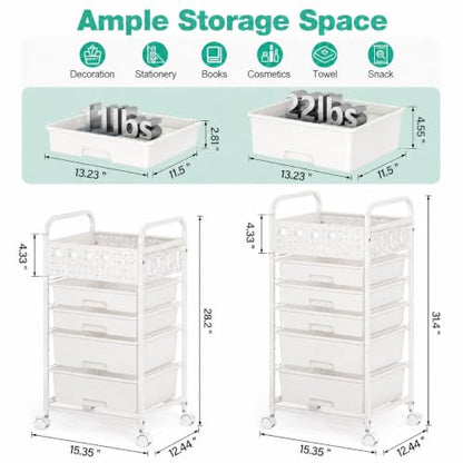SYKIARIOL 4 Drawer Rolling Storage Cart with Pegboard Top and Hooks, White - color: White, size: 4-Drawers