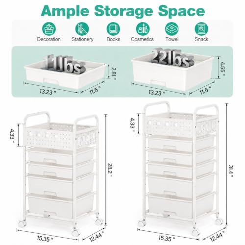 5 Drawer Rolling Storage Cart with Pegboard Top and Hooks, White | Mobile Utility Organizer with Wheels for Office Supplies, Craft Storage, Classroom Organization, Home Storage Cart - color: White, size: 5-Drawers
