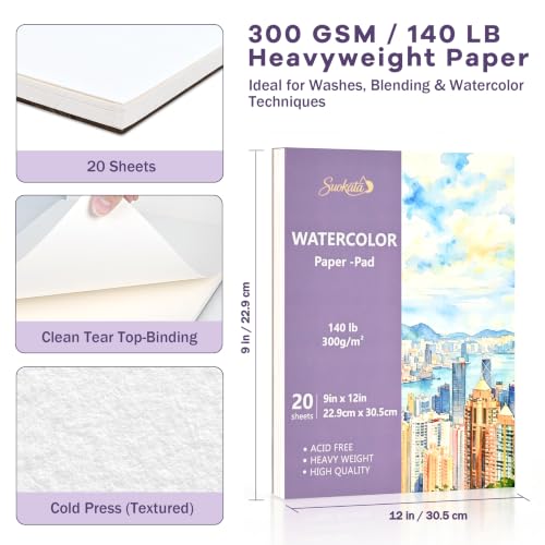 Suokata Watercolor Book, 9"x 12", 300 GSM Cold Press Texture Surface Paper | 140lb Water Color Paper for Watercolors, Gouache & Acrylic Paint, Heavyweight White Thick Paper for Beginners, Artist, Adults - color: Ultra Lilac