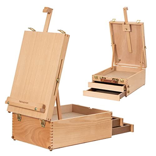 Falling in Art Beechwood Tabletop Easel Box | Sketchbox Table Easel with Storage Drawers, Portable Desktop Drawing Easel for Beginners and Professionals