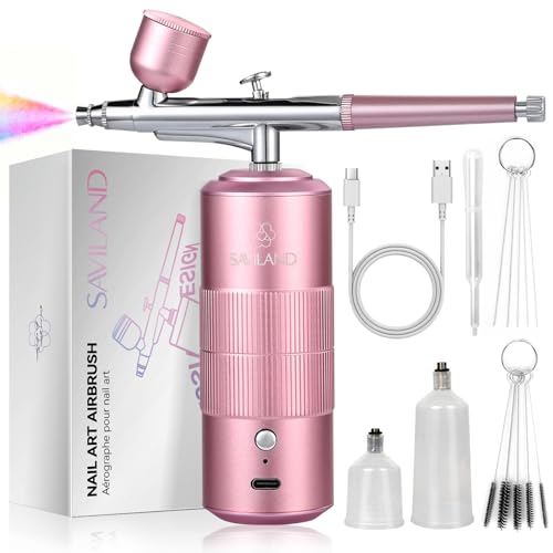 SAVILAND 30 PSI Airbrush Kit: 3X Instant Atomization Airbrush for Nails Limitless Nail Art Creativity Salon-Perfect Results Three-Mode 0.3S Instant Color Airbrush for Ombre French Paint Set - color: Pink Pro