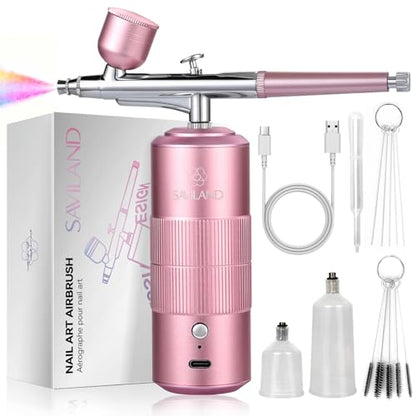 SAVILAND 30 PSI Airbrush Kit: 3X Instant Atomization Airbrush for Nails Limitless Nail Art Creativity Salon-Perfect Results Three-Mode 0.3S Instant Color Airbrush for Ombre French Paint Set - color: Pink Pro