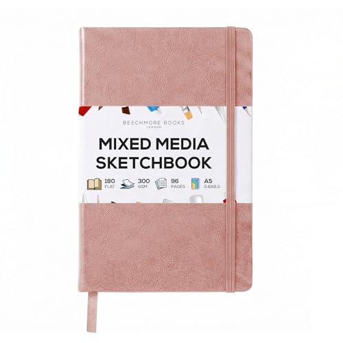 Beechmore Books A5 5.8x8.3 Mixed Media Sketchbook 300 GSM/140LBS | Heavyweight Vegan Leather Hardcover, 96 Pages Art Journal, Art Supplies for Paintings, Gouache, Watercolor & Ink - color: Rose Wood, size: A5 - 5" x 8" Medium