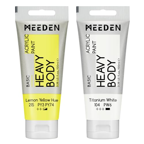 MEEDEN Acrylic Paint Lemon Yellow Hue: 100ml/3.38oz x 2 with Titanium White | Heavy Body Artist Acrylic Paint Set for Canvas, Wood & Craft, Non-toxic Creamy Art Paint with Titanium White for Mixing - color: Lemon Yellow Hue, size: 2 Tubes