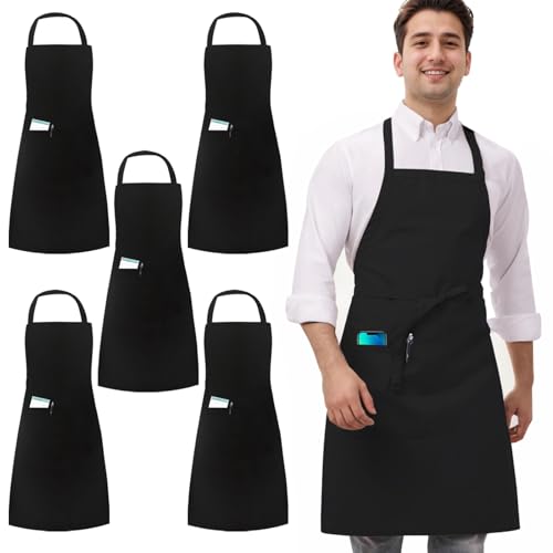 5 Pack Black White Apron, Chef Servers Waitress Aprons with Pockets for Men Women, Professional Work Apron - color: Black