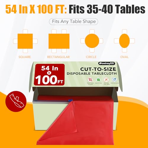 RowinsyDD 54 in X 100 FT Red Plastic Table Cover Roll with Slide Cutter - color: Red, size: 1200" x 54" (Rectangular)