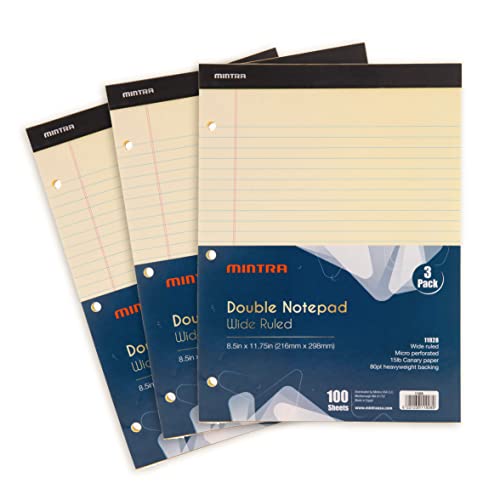 Mintra Office Canary Legal Pads - With Micro-perforated sheets, Smooth-lined paper, Ideal for Office Tasks, Assignments or Notes, Meetings, and Journaling, 3 pack Wide Ruled, Double Pad, 8.5"x11" - color: Canary - Double Pad, size: Wide
