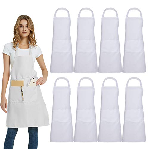 DUSKCOVE 8 Pack Bib Aprons Bulk - Unisex White Commercial Apron with 2 Pockets for Kitchen Crafting BBQ Drawing Cooking - color: White
