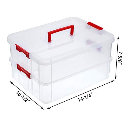 JUXYES 2-Tiers Plastic Stack Carry Storage Containers Box wih Handle Lids - color: Red