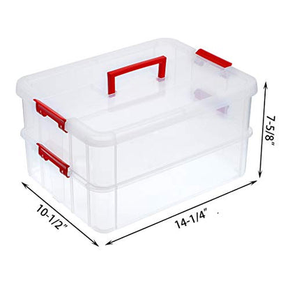 JUXYES 2-Tiers Plastic Stack Carry Storage Containers Box wih Handle Lids - color: Red