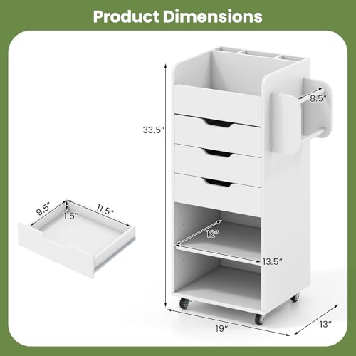 Giantex Craft Storage Cart - Utility Organizer Cart with 3 Drawers, 3 Shelves, 3 Slotted Compartments, 2 Rolling Rods, Crafting Sewing Cabinet on Wheels for Wrapping Paper Scrapbook Ribbon (White) - color: White