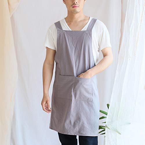 NEWGEM Japanese Cotton Linen Cross Back Cooking Apron for Women Men with Pockets Cute for Baking Kitchen - color: 15 - Men's Dark Gray