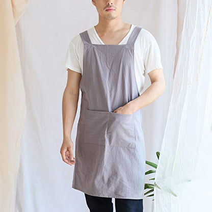 NEWGEM Japanese Cotton Linen Cross Back Cooking Apron for Women Men with Pockets Cute for Baking Kitchen - color: 15 - Men's Dark Gray