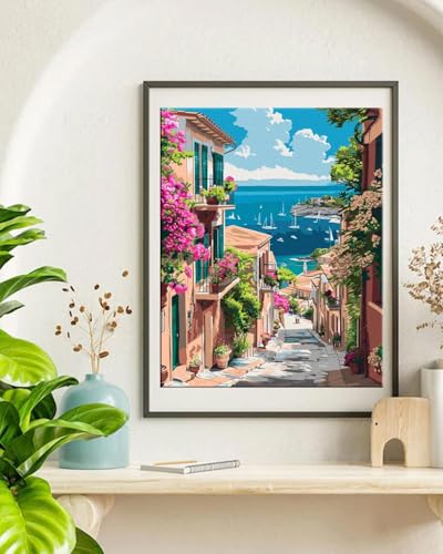 TOCARE Mediterranean Paint by Numbers Kit for Adults Beginner, Greece Paint by Number Canvas Kit, Acrylic Adults' Paint-by-Number Kits Landscape 16x20inch (Without Framed) - color: TC-OPC-358