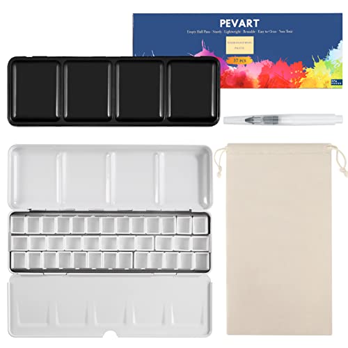 PEVART Empty Watercolor Paint Palette, Metal Box Mixing Palette Case with 37 Water Color Half Pans and Fold-Out Palette Tin Paint Tray Travel Watercolor Set, Acrylic, Gouache, Oil Painting - color: Black, size: 37 Half Pans