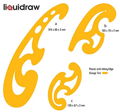 Liquidraw French Curve Rulers, Drawing Stencil, Set of 3, Orange Plastic | Inking Edge, Rounded Corners for Easy Measuring and Drawing Curved Lines, Technical Drafting and Dressmaking Tool