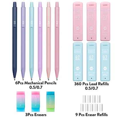 Four Candies Cute Mechanical Pencil Set, 6-Pack 0.5/0.7mm | 360 Lead Refills, 3 Erasers, 9 Eraser Refills, Storage Case, Back to School Supplies for Girls, Pastel Aesthetic Stationery - style: 0.5mm + 0.7mm