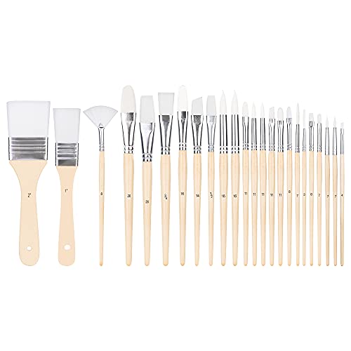 Amazon Basics Multi-shaped Polyester Paint Brushes for Acrylic, Oil, Watercolor, Gouache, Fine Detailing, Face Painting, 24 Count Different Sizes, Wood Color