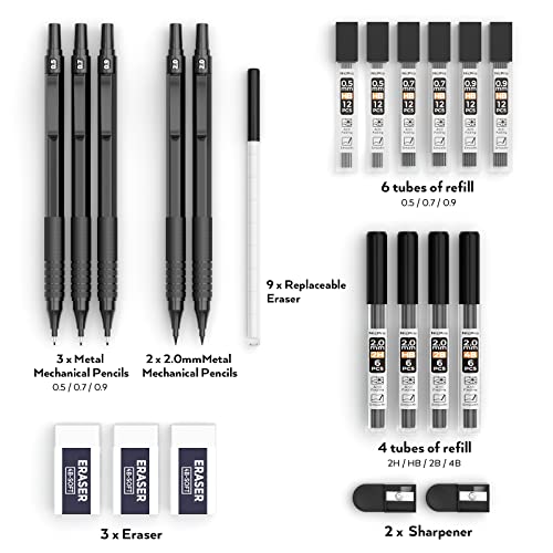 Nicpro 22PCS Black Metal Mechanical Pencils Set + 40PCS Art Mechanical Pencils Set with Leather Bag
