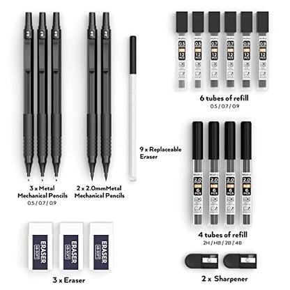 Nicpro 22PCS Black Metal Mechanical Pencils Set + 40PCS Art Mechanical Pencils Set with Leather Bag