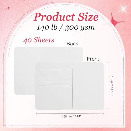 MECCANIXITY 40Sheets Watercolor Postcards, 100% Cotton 4"x6" Watercolor Paper Blank Postcard W White Cap White Waistband Cold Pressed for Mailing Painting Invitations Cards(140lb/300gsm) - color: White