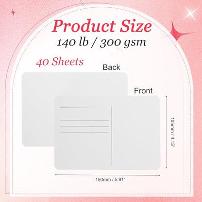 MECCANIXITY 40Sheets Watercolor Postcards, 100% Cotton 4"x6" Watercolor Paper Blank Postcard W White Cap White Waistband Cold Pressed for Mailing Painting Invitations Cards(140lb/300gsm) - color: White