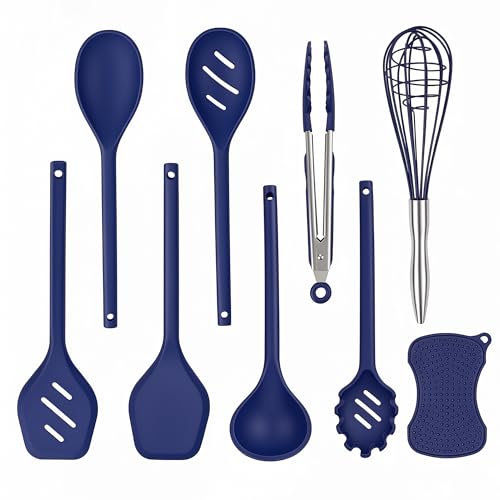 Kitchen Utensils Set,9 PCS Silicone Cooking Utensils Set Spatula Set,Tongs,Spoon,Whisk,Brush,Dishwasher Safe Kitchen Gadgets for Non-Stick Cookware,Home Essential，Kitchen Appliances(Navy Blue) - color: Navy Blue