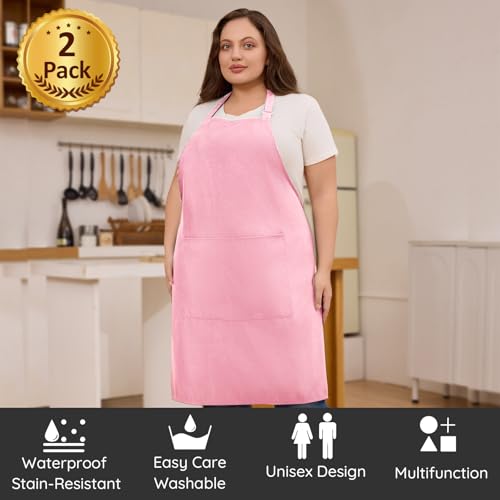 2 Pack Plus Size Waterproof Cooking Chef Apron with 2 Pockets for Men Women | Extra Large Design, Adjustable Neck Straps, Long Waist Ties, Professional Bib Aprons for Kitchen, Grilling, Gardening, Baking - color: Pink