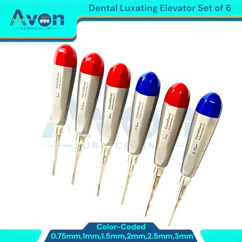 Color-Coded Dental Root Elevator Picks, Straight, 0.75mm, 1mm, 1.5mm, 2mm, 2.5mm, 3mm | Autoclave-Safe German Stainless Steel | 6PCS Bundle