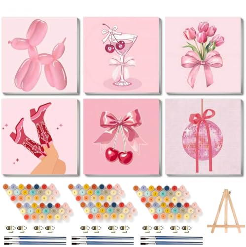 6 Pack Framed Adult Paint by Number Beginners with Wooden Easel,Pink Vintage Paint by Numbers Kit for Adults,Retro DIY Acrylic Paint Kit with Frame,Easy Paint by Numbers Canvas for Decor 8x8 inch - color: BKH2480~BKH2485