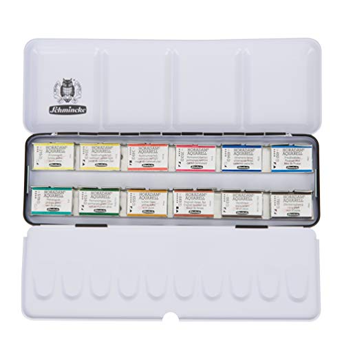 Schmincke - HORADAM AQUARELL color box with 12 finest watercolors, 74312097, metal box, painting set, 12 x 1/1 pans - style: 12 x 1/1 pans