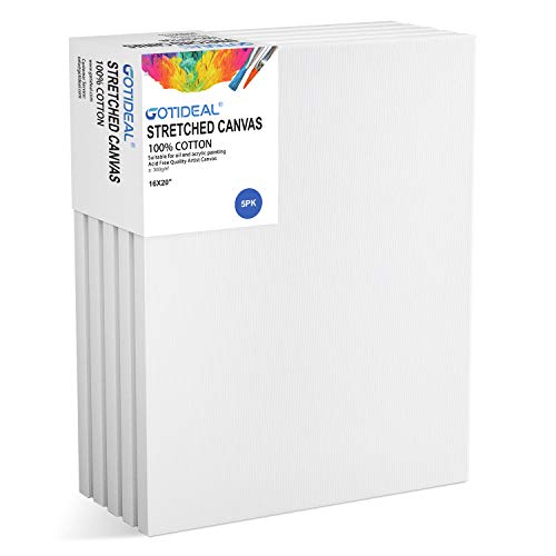 Stretched Canvas, 16x20 Inch Set of 5, Primed White | 100% Cotton Artist Canvas Boards for Painting, Acrylic Pouring, Oil Paint Dry & Wet Art Media - color: White, size: 16"x20"