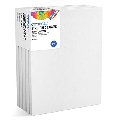 Stretched Canvas, 16x20 Inch Set of 5, Primed White | 100% Cotton Artist Canvas Boards for Painting, Acrylic Pouring, Oil Paint Dry & Wet Art Media - color: White, size: 16"x20"