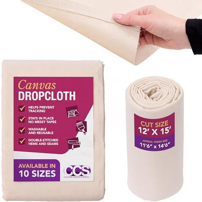 CCS Canvas Drop Cloth for Painting – All Purpose Cotton Duck Cloth Tarp for Curtains, Tablecloths, Backdrops – Washable & Reusable Floor Cover & Dust Sheet for Furniture (12x15 Ft) - size: 12 by 15 Feet
